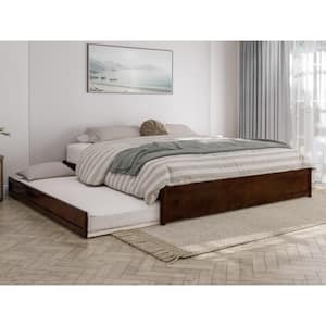 Barcelona Walnut Brown Solid Wood Frame King Panel Platform Bed with Twin XL Trundle