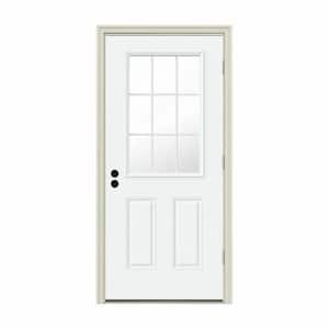 32 in. x 80 in. 9 Lite White Painted Steel Prehung Left-Hand Outswing Entry Door w/Brickmould