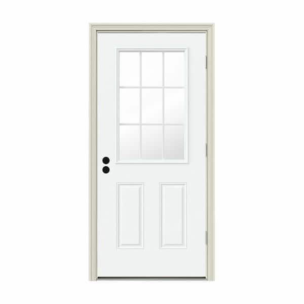 JELD-WEN 32 in. x 80 in. 9 Lite White Painted Steel Prehung Left-Hand Outswing Entry Door w/Brickmould