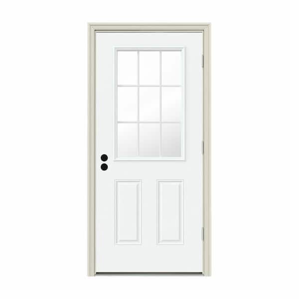 32 in. x 80 in. 9 Lite White Painted Steel Prehung Left-Hand Outswing Entry Door w/Brickmould