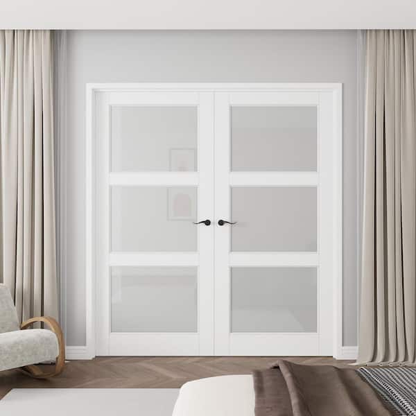 72 in. x 80 in. Universal 3-Lite Frosted Glass White Solid Core Wood Assembly Required Double French Door with Jamb
