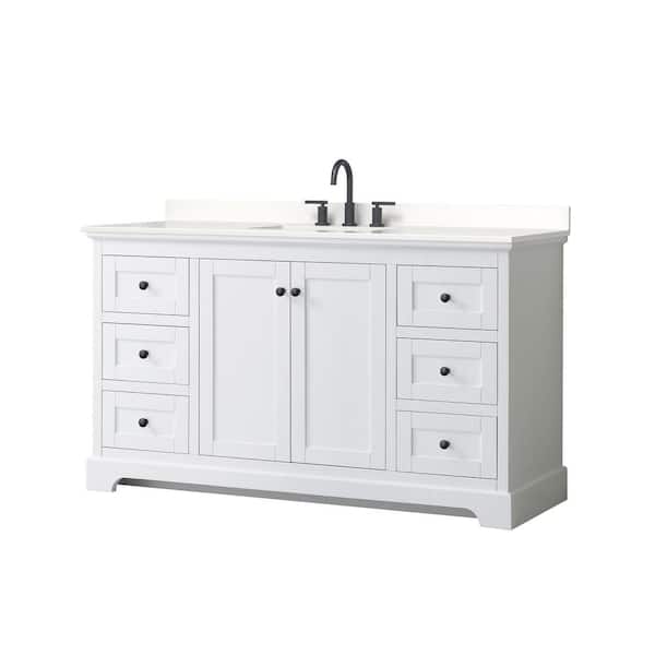 Wyndham Collection Avery 60 in. W x 22 in. D x 35 in. H Single Bath Vanity in White with White Quartz Top