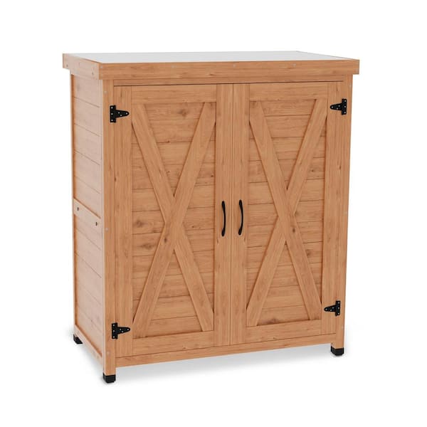 31 in. W x 17 in. D x 36 in. H Light Brown Solid Wood Outdoor Storage Cabinet with Metal Table Top