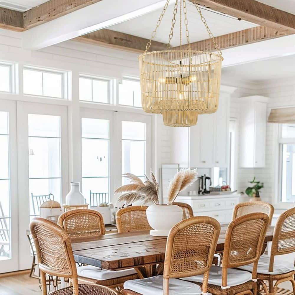 Mahtab 20 in. 4-Light Gold Tiered Coastal Boho Rattan Pendant Light for Living Room, Bedroom with Natural Shade price history on PriceWatchPro
