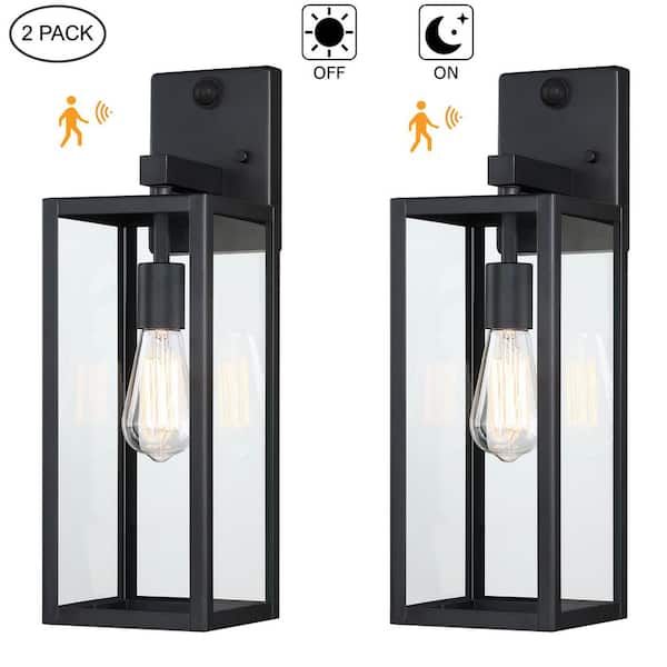19 in. Matte Black Motion Sensor Outdoor Hardwired Wall Lantern Sconce (2-Pack)