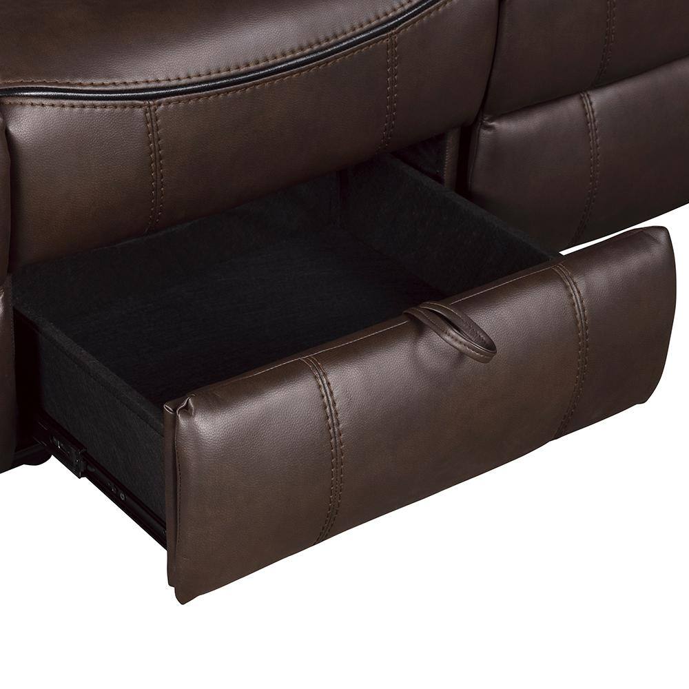 Dark Brown Faux Leather Reclining Sofa with Storage and Cup Holders