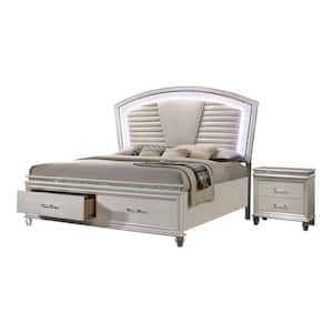Litzler 2-Piece Glam Pearl White Wood King Bedroom Set with 2-Foot Drawers and Nightstand