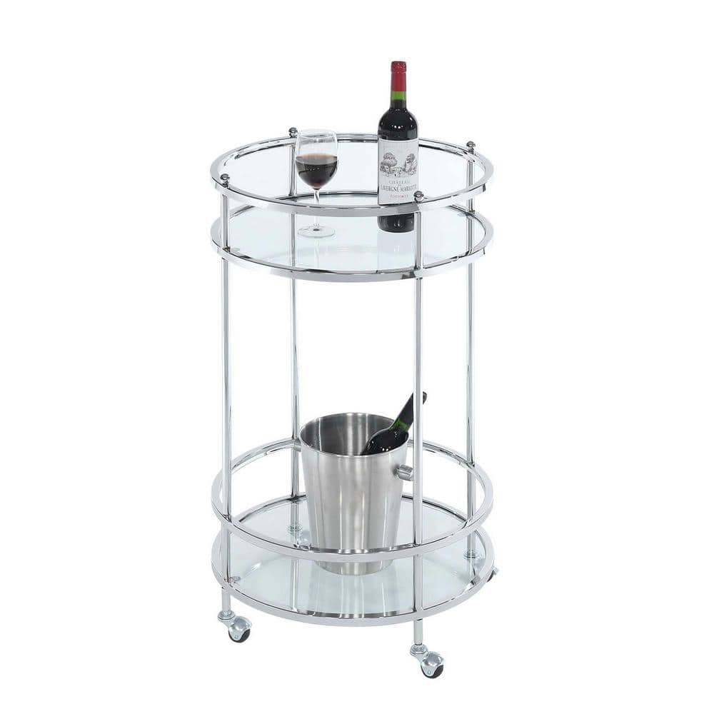 Royal Crest 20" Round Silver Chrome Bar Cart with Glass Shelves