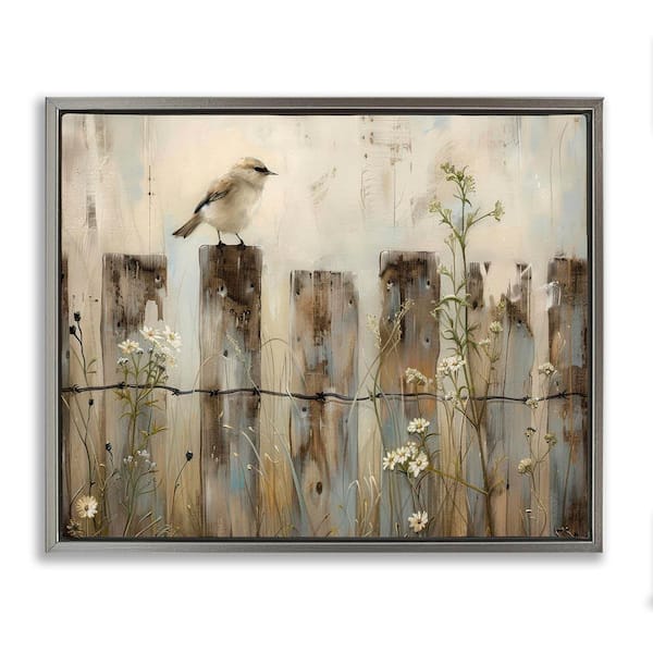 Fence Perched Country Bird by Arlington Prints Gray Floater Frame Animal Graphic Art Print 25 in. x 31 in.