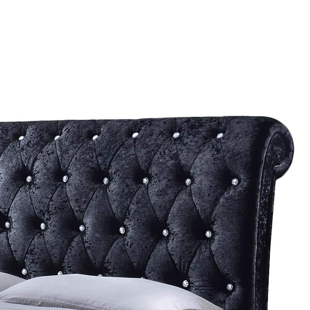 Elegant Black Velvet Queen Platform Bed with Crystal-Button Tufting