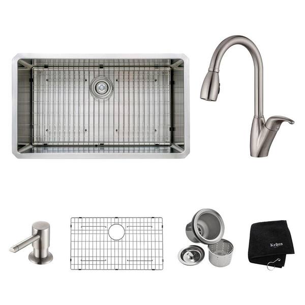 KRAUS All-in-One Undermount Stainless Steel 32 in. Single Bowl Kitchen Sink with Faucet and Accessories in Stainless Steel