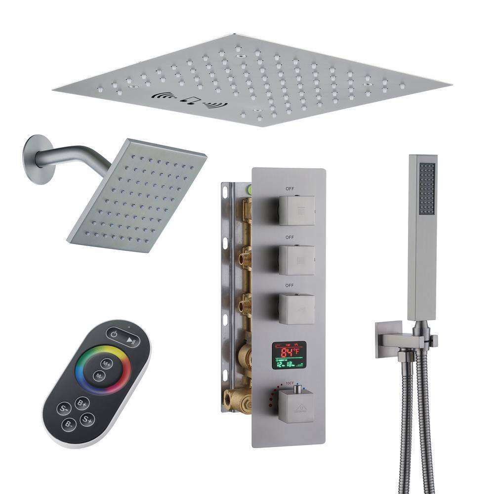 Brushed Nickel Dual Shower Head System with LED and Bluetooth