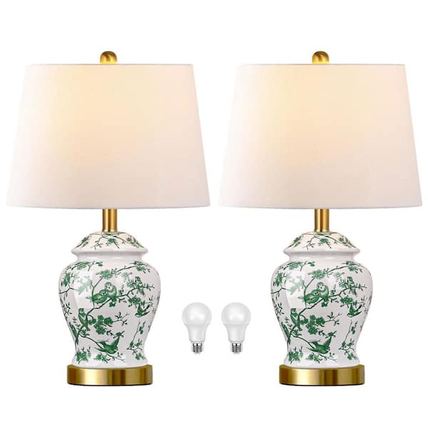 22 in. Green and White Chinoiserie Ceramic Table Lamp Set of 2 Vintage Traditional Bedside Lamps for Living Room Bedroom