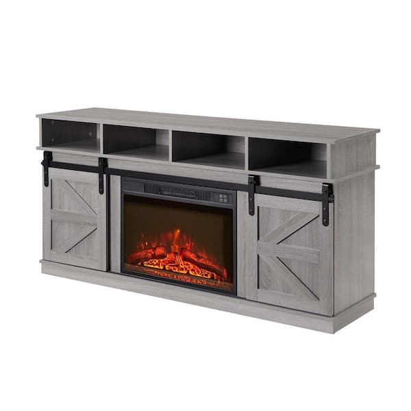 58 in. W Freestanding Electric Fireplace Farmhouse TV Stand with Open Shelves in Grey
