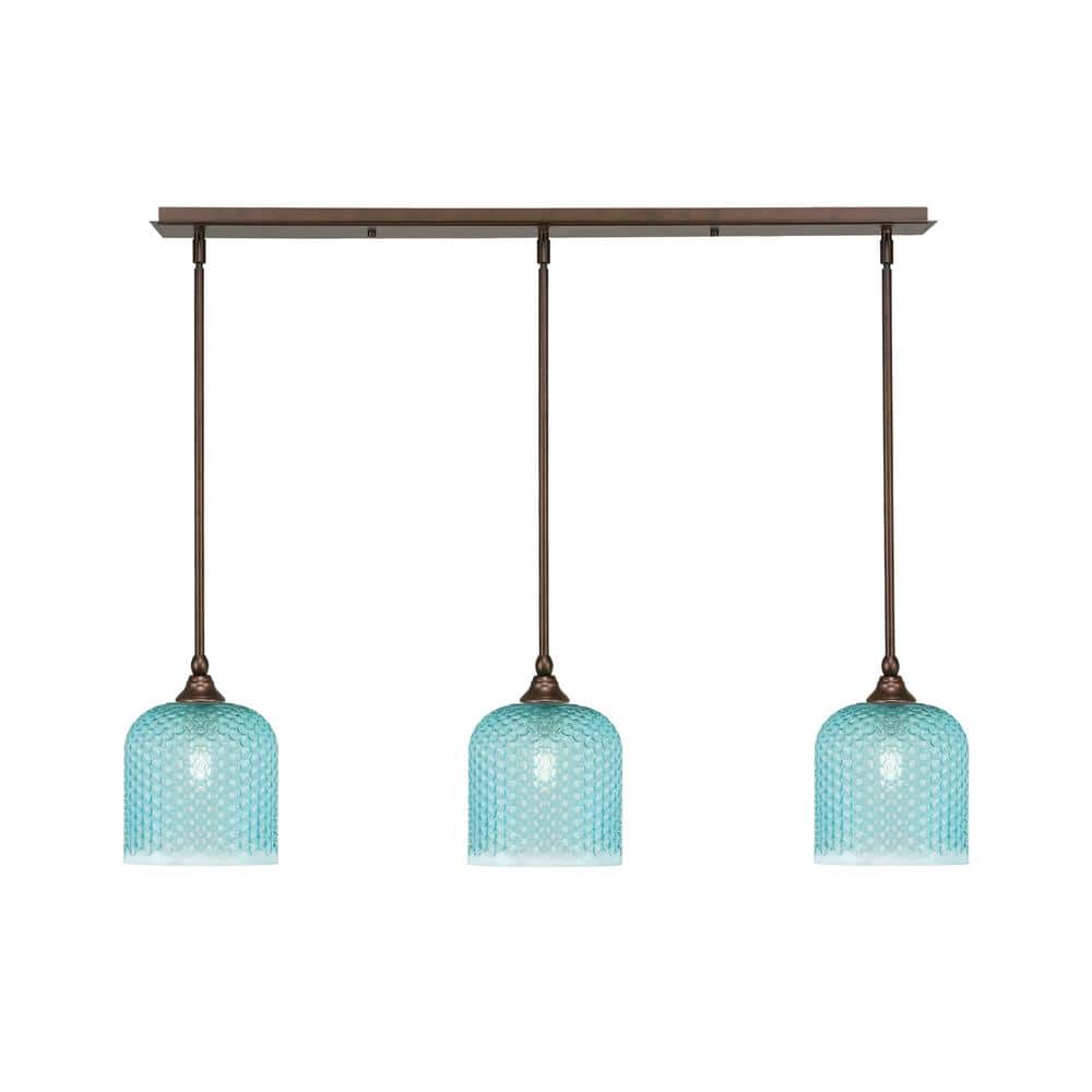 Livingston 100-Watt 3-Light Bronze Shaded Pendant Light with 7 in. Turquois