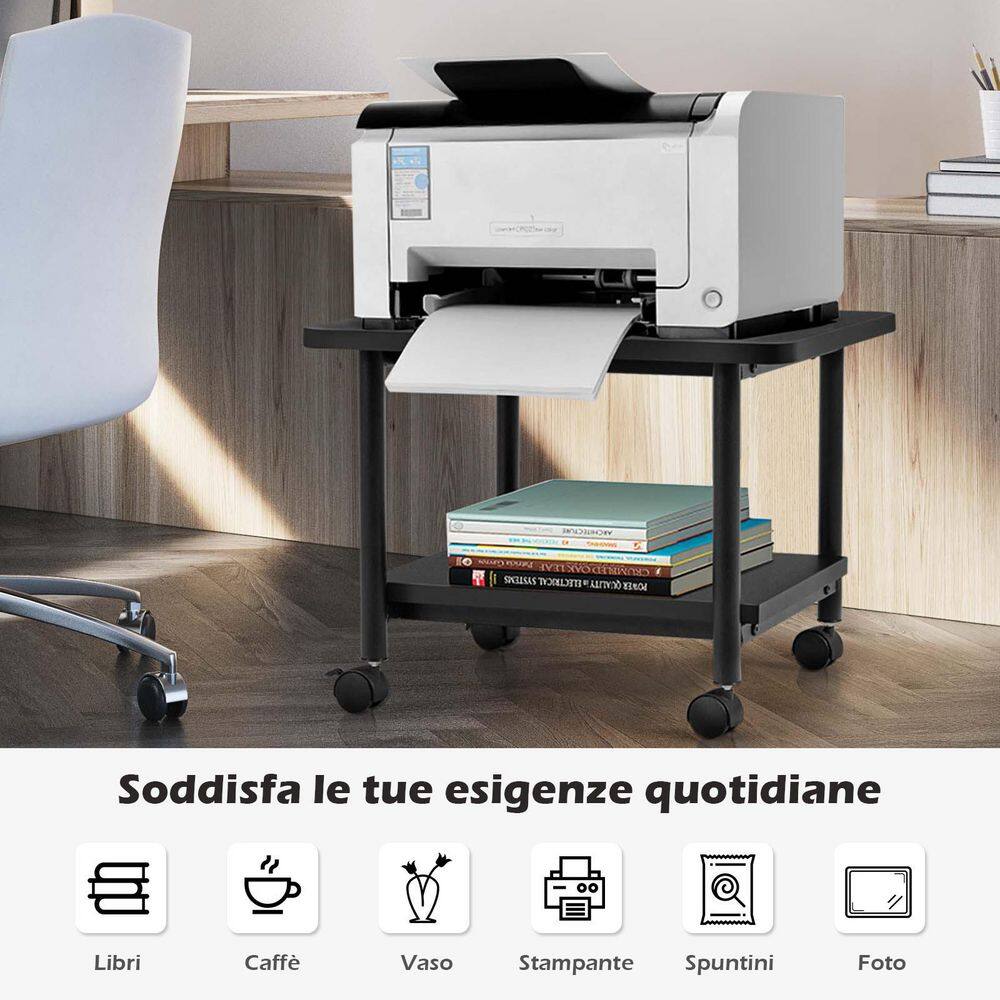 Black 2-Tier Rolling Under Desk Printer Cart with Storage Shelves