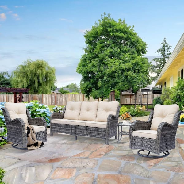 Gray 4-Piece Wicker Outdoor Conversation Set Patio Sofa Swivel Rocking Chairs with Side Table and Light Beige Cushions