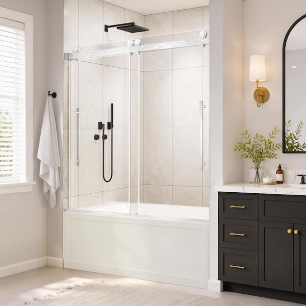 56-60 in. W x 60 in. H Double Sliding Semi Frameless Tub Shower Door in Brushed Nickel with 5/16 in. Clear Glass
