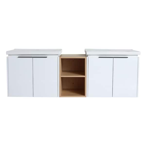 TCYO 60 in. W Double Sinks Floating White Bath Vanity with White Ceramic Top with A Small Storage Shelves Unassembled