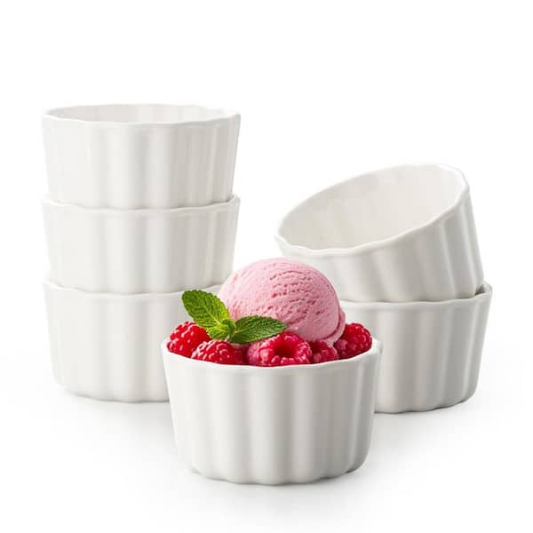 6-Piece Round Porcelain Dessert Bowls Set with Striped Design Oven Safe Ramekins for Ice Cream and Snacks