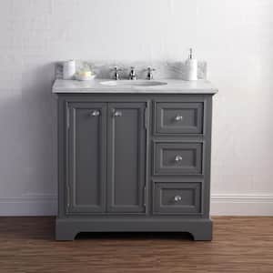 Derby 36 in. W x 34 in. H Vanity in Gray with Marble Vanity Top in Carrara White with White Basin and Faucet
