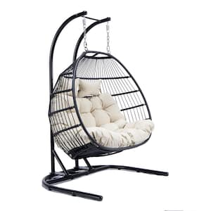 Wicker 2-Person Double Folding Hanging Egg Swing Chair Porch Swing with Beige Cushions