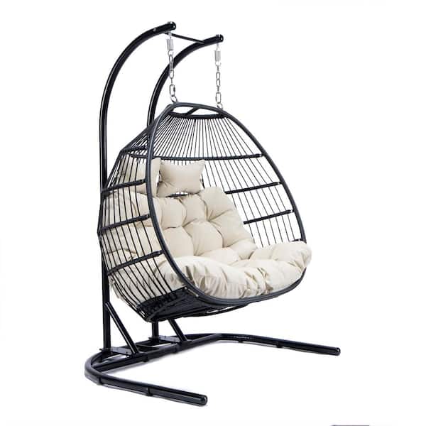 Leisuremod Wicker 2-Person Double Folding Hanging Egg Swing Chair Porch Swing with Beige Cushions