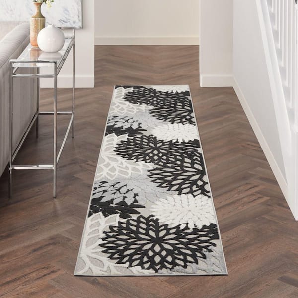 Aloha Black White 2 ft. x 12 ft. Kitchen Runner Floral Contemporary Indoor/Outdoor Patio Area Rug