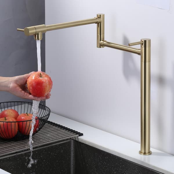 Brass 20.1 in. Deck Mount Pot Filler Kitchen Faucet with 2-Handles and Swing Arms Folding Island Faucet in Gold