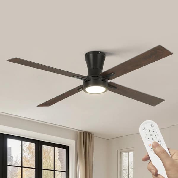 TOZING 52 in. Indoor Matte Black Brushed Low Profile Standard 3 Colors LED Flush Mount Ceiling Fan with Light Kit and Remote