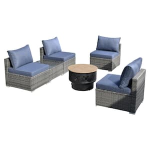 Sanibel Gray 6-Piece Wicker Outdoor Patio Conversation Sofa Set with a Wood-Burning Fire Pit and Denim Blue Cushions