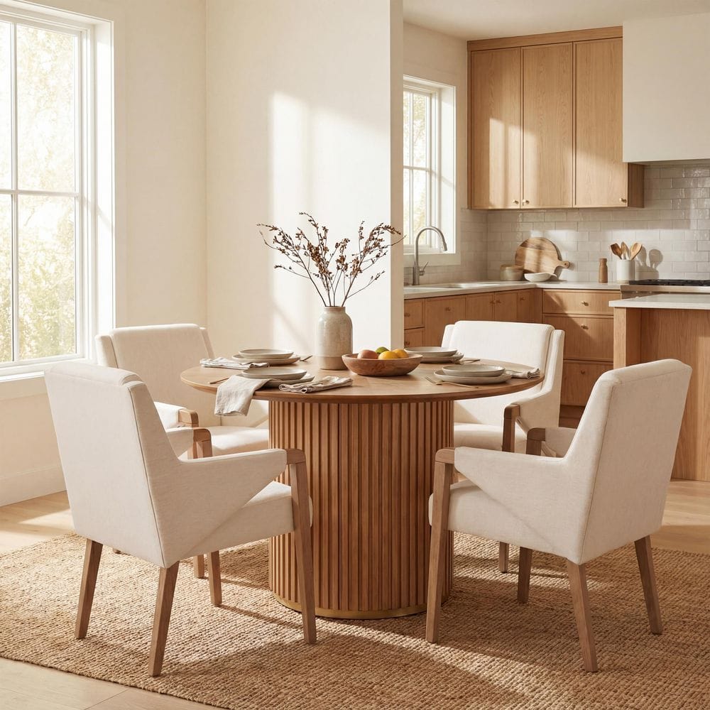 Sybil 5-Piece Wood Top Dining Set with Beige+Light Ash Upholstered Dining Chairs, Round Dining Table, (Seats 4)