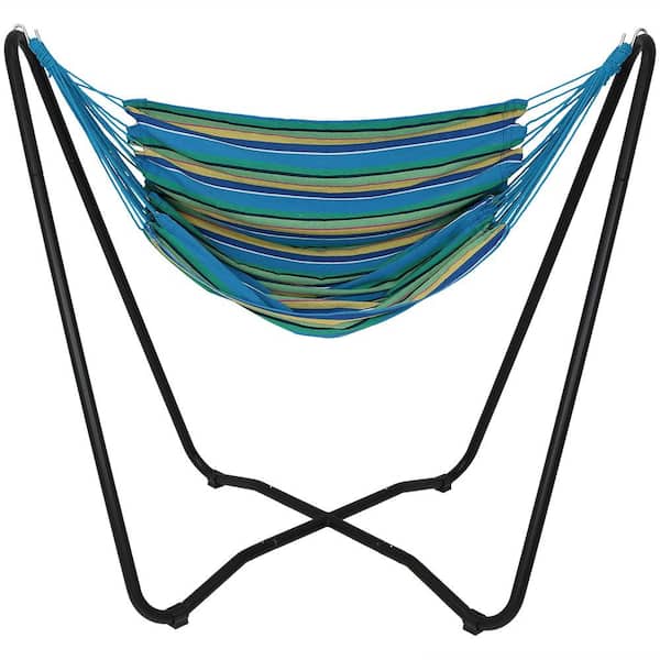 Sunnydaze 5 ft. Fabric Hanging Hammock Chair with Space-Saving Stand in Ocean Breeze