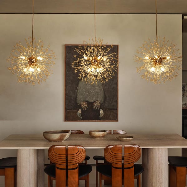 Calzada 24-Light Gold Dandelion Firework Chandelier 3-Globe Kithchen Island Pendant Ceiling Lighting