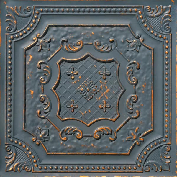 Elizabethan Shield Graphite Gold 2 ft. x 2 ft. Decorative PVC Glue Up Faux Tin Ceiling Tile (40 sq. ft./case)