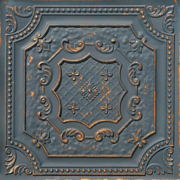 FROM PLAIN TO BEAUTIFUL IN HOURS Elizabethan Shield 2 ft. x 2 ft. Glue Up PVC Ceiling Tile in Graphite Gold (100 sq. ft./case)