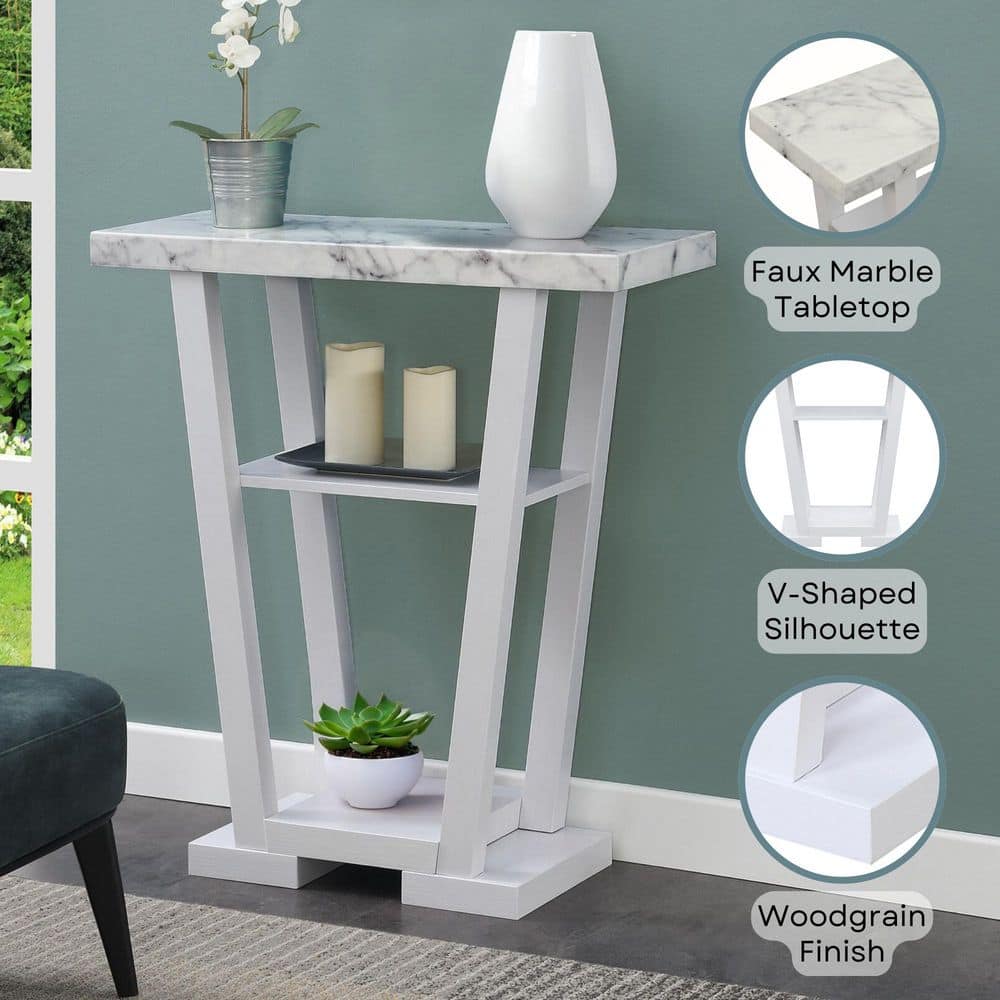 Faux White Marble and Wood Console Table with Storage