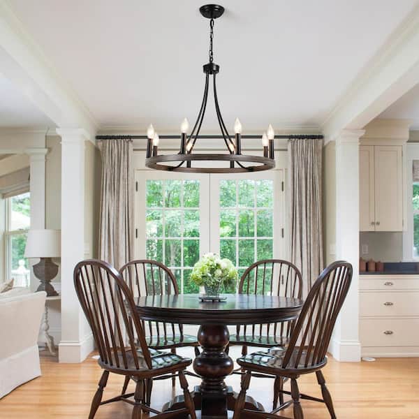 8-Light Black and Wood Grain Wagon Wheel Chandelier for Living Room Dinning Room with No Bulbs Included