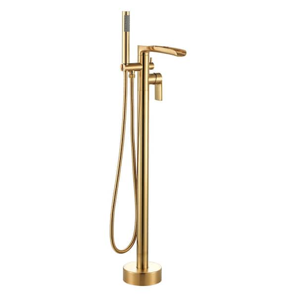Single Handle Freestanding Tub Faucet with Hand Shower in Brushed Gold