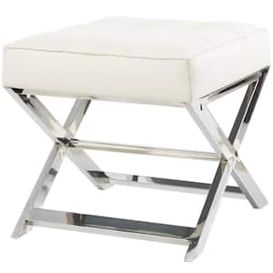19 in. H White Leather Stool with Stainless Steel Metal Supports