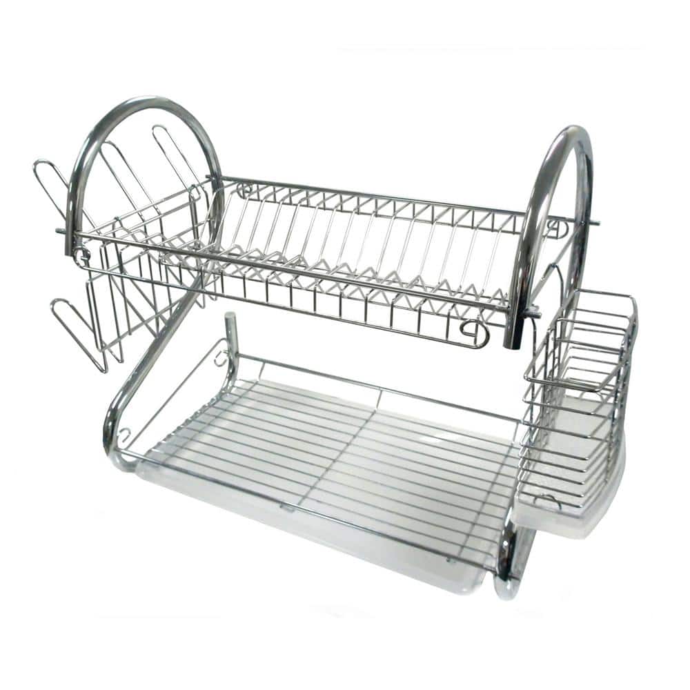 J&V Textiles 17 in. x Shaped Stainless Steel 2-Tier Dish Rack for Kitchen Counter, White