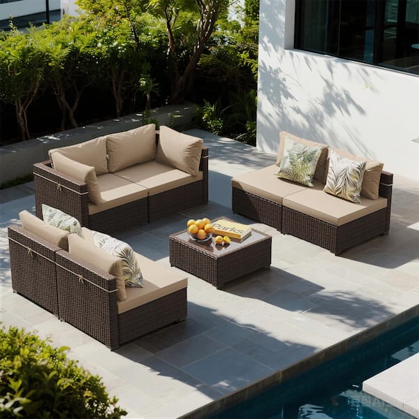 7-Piece Wicker Outdoor Patio Conversation Sectional Seating Set with Beige Cushions
