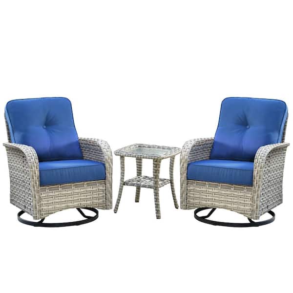 Clara 3-Piece Wicker Outdoor Patio Conversation Swivel Chair Set with a Side Table and Navy Blue Cushions
