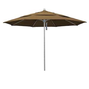 11 ft. Gray Woodgrain Aluminum Commercial Market Patio Umbrella FiberglassRibs and Pulley Lift in Linen Sesame Sunbrella
