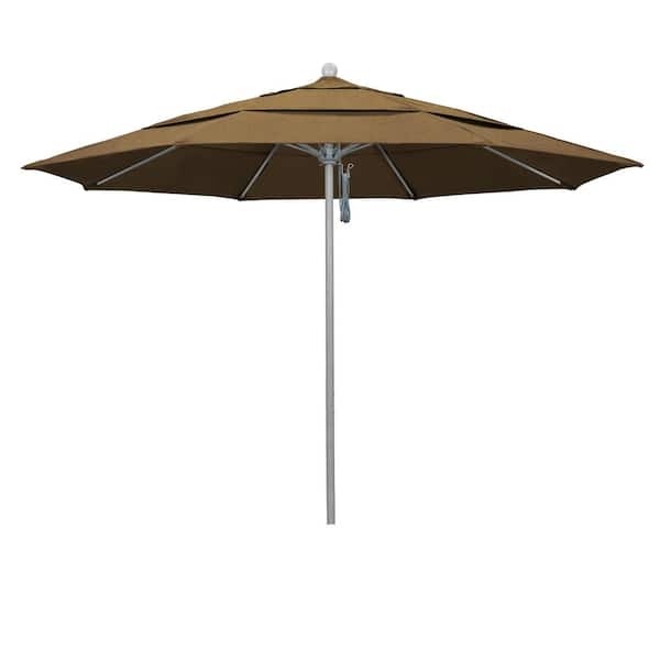California Umbrella 11 ft. Gray Woodgrain Aluminum Commercial Market Patio Umbrella FiberglassRibs and Pulley Lift in Linen Sesame Sunbrella