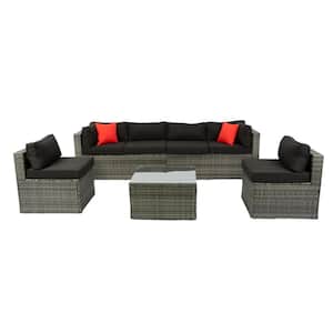 5-Piece Wicker Outdoor Patio Conversation Sectional Sofa Seating Set with Black Cushion, Coffee Table and 2-Pillows