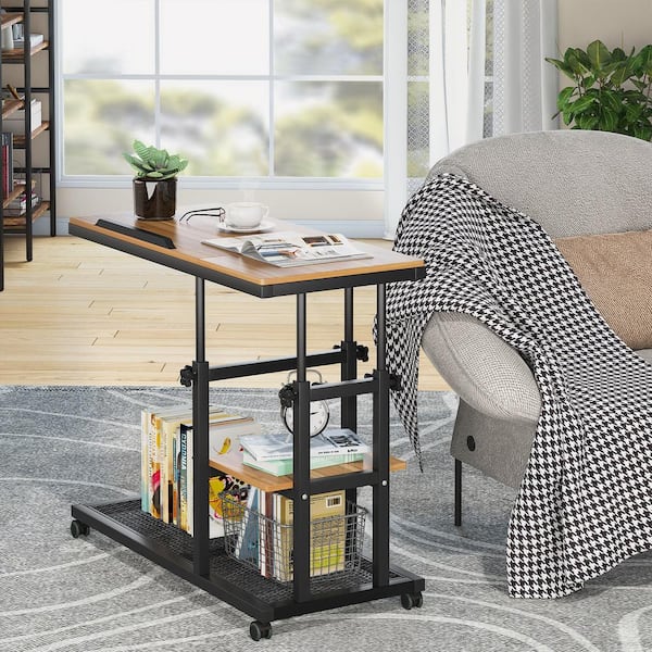 Andrea 34.64 in. Walnut C-Shape Brown Wood Mobile Tiltable Drawing Board Height Adjustable Laptop End Storage Shelf Cart