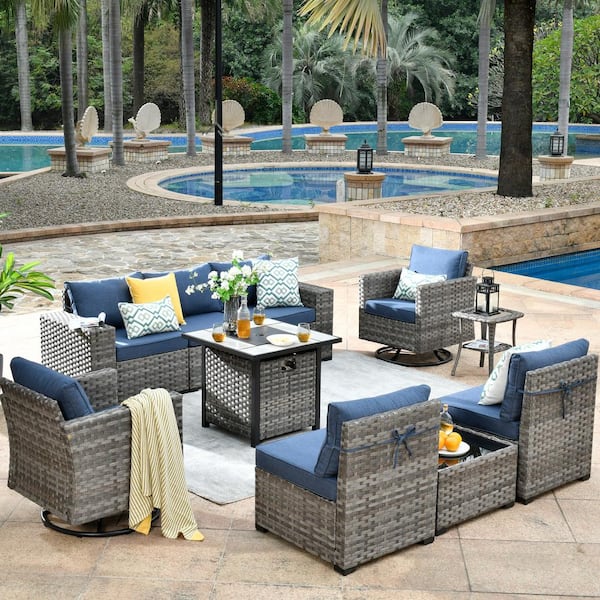 XIZZI Metis 10-Piece Wicker Outdoor Patio Fire Pit Sectional Sofa Set ...