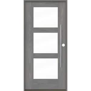 Modern Faux Pivot 36 in. x 80 in. 3-Lite Left-Hand/Inswing Clear Glass Malibu Grey Stain Fiberglass Prehung Front Door