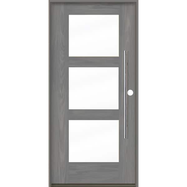 Krosswood Doors Modern Faux Pivot 36 in. x 80 in. 3-Lite Left-Hand/Inswing Clear Glass Malibu Grey Stain Fiberglass Prehung Front Door